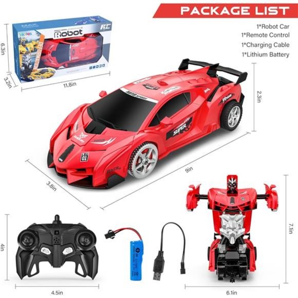Remote Control Car,  RC Deformation Robot Car Toy with LED Light For Kids (Red) - Picture 6 of 7